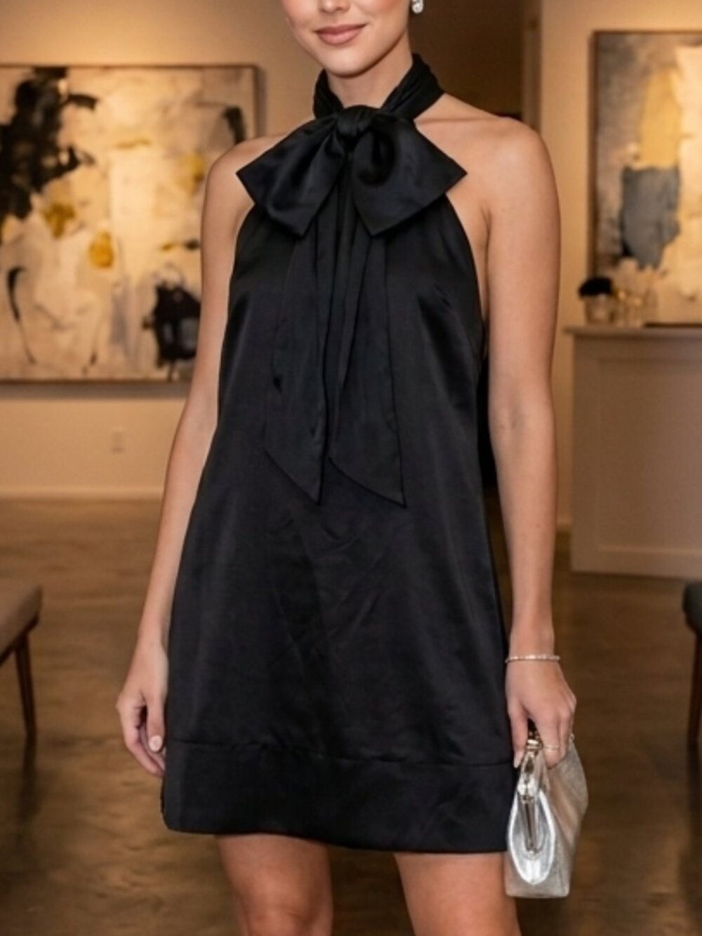 Bedo Black Satin Halter Backless A Line Mini Dress with Bow, Medium